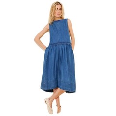 Free People Cotton Soraya Sky Blue Denim Drop Waist Pull On MidiDress Size: Med