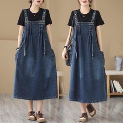 Retro Lady Denim Loose Dress Suspender Overall Dress Sleeveless Jumpsuits Casual