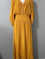 J Gee Golden Goddess Gauze Drapey Flowy Maxi Dress Lace Deep v Neck