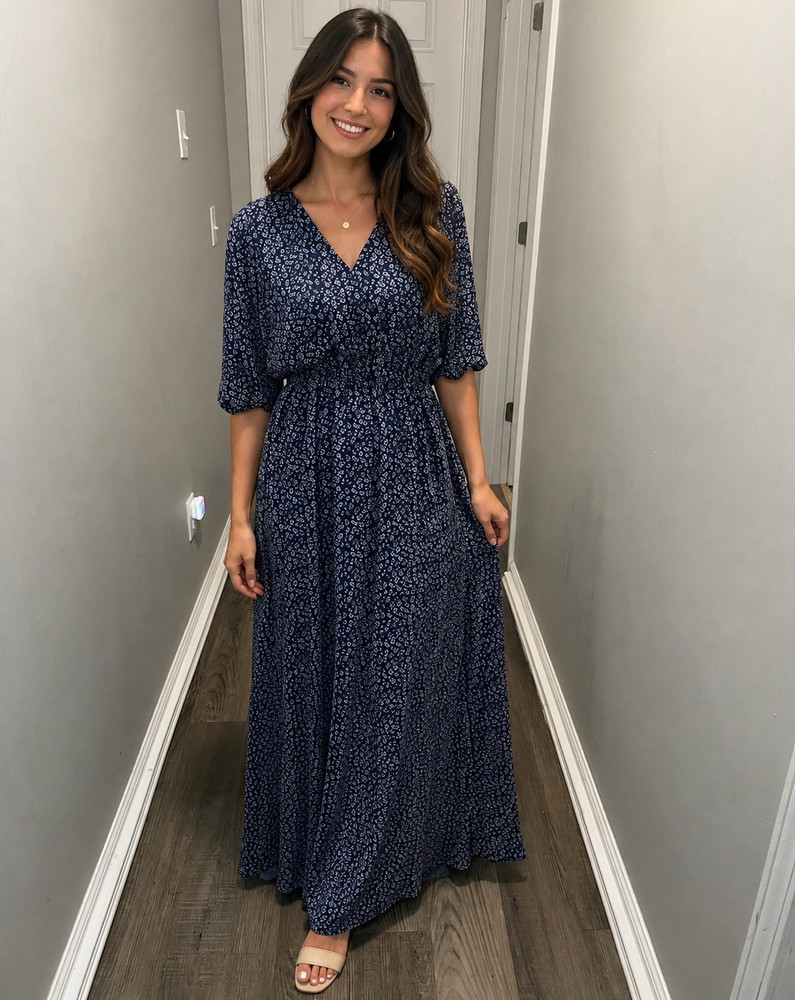 Women’s Regular Blue V-Neck 3/4 Sleeve Polka Dot Long Maxi Dress