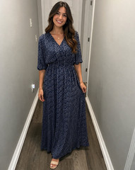 Women’s Regular Blue V-Neck 3/4 Sleeve Polka Dot Long Maxi Dress