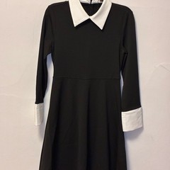 Giking Black Peter Pan Collar Long Sleeve Skater Dress White Cuffs Wednesday