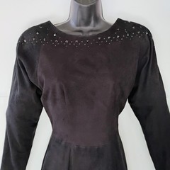 Vintage Black Suede Beaded Dress V-Neck Open Back Kick Pleat Skirt Size XSmall