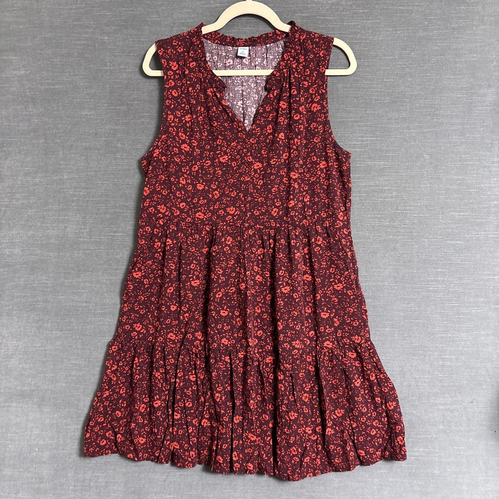 Old Navy Dress M Red Floral Tiered Sleeveless Swing Boho Cottage Relaxed Casual