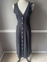 Women&rsquo;s Navy White Polka Dot A-Line Midi Dress Sleeveless V-Neck Button 6