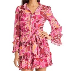 Donna Morgan Floral Ruffle Tiered Button Front Tie Pink Dress Womens Size 14 NWT