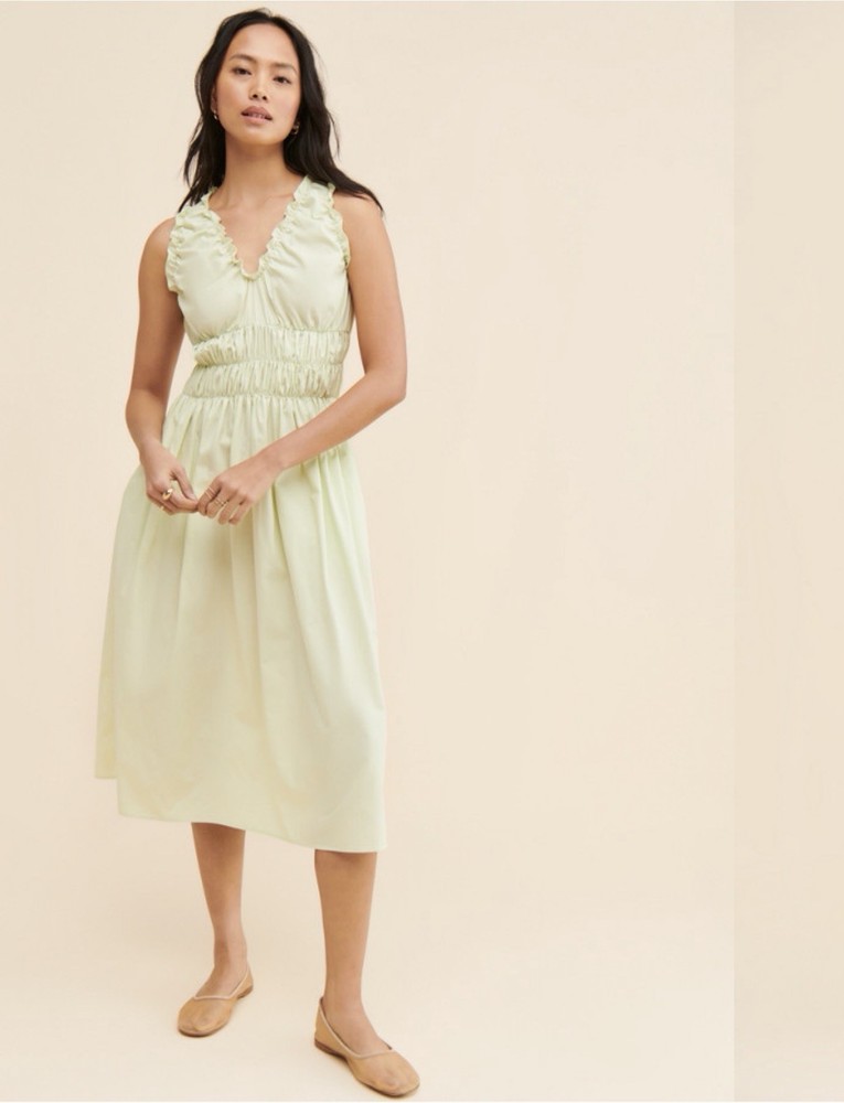 Naya Rea Light Yellow Ruffle Ruched A-Line Midi Dress 100% Cotton V-Neck S