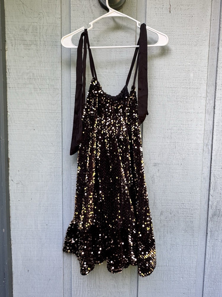 Free People Black Gold Sequin Mini Slip Dress Scoop Neck Strappy Women’s M