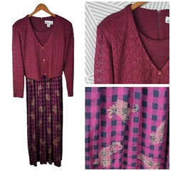 Vintage 80s Shirt Jacket Dress size 16 Plaid Cottagecore alt midi long Red