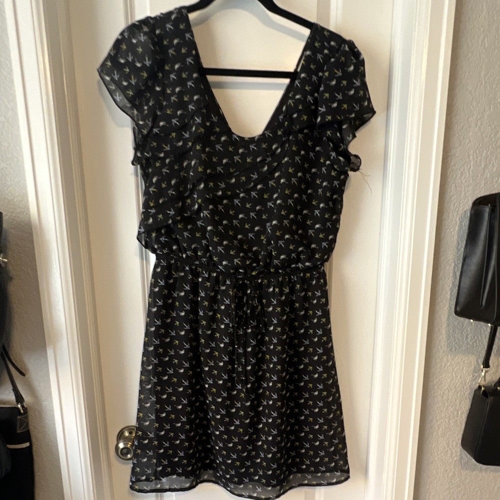 BeBop Fit & Flare V-Neck Cap Sleeve Mini Dress Birds Black/Yellow/White XL
