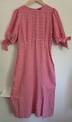 Nobody&rsquo;s Child UK 12 Pink Gingham Midi Dress Tie Sleeve Summer Weddings Picnics