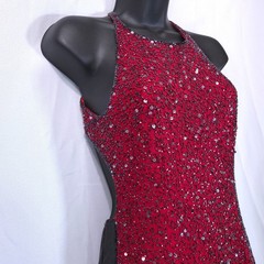 Vtg Scala Beaded Silk Halter Open Back Evening Gown Dress S Red Cocktail Y2K