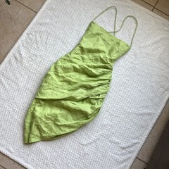 Linen Asymmetrical Mini Dress M L Lime Green Open Back Strappy Ruched Draped