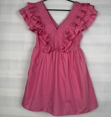 Pink Ruffle Flutter Pleated VNeck Mini Lined Dress Sleeveless Cotton Medium