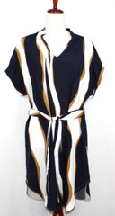 Abstract Stripped Navy, White, Tan 100% Polyester Women&rsquo;s L Dress w/Belt