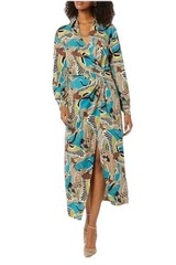 Terea by Andrea Pitter Women’s Blue Crane Print Midi Dress Faux Wrap Large NWT 2