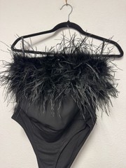 Bardot Black Feather Trim Body Suit Size S NWTS
