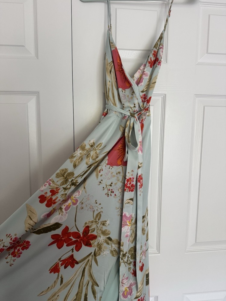 Lulus Floral Satin Wrap Maxi Dress V-Neck Strappy Adjustable M Zip