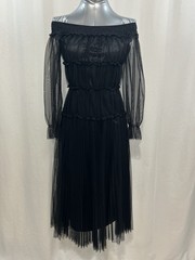 Sheer Off-Shoulder Black Midi Dress with Pleated Skirt wedding party Gothic ￼
