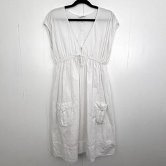 H&M L.O.G.G. White 100% Cotton V-Neck Empire Waist Midi Dress Womens Size 10