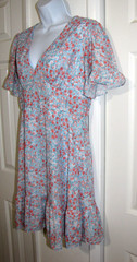 Peach Love Knee Dress Puff-Sleeve-ruffle-cuff/hem Blue/peach-Ditsy floral Jr M/L
