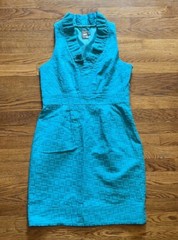 Taylor Ruffled Collar Teal Square Pattern Lined Dress