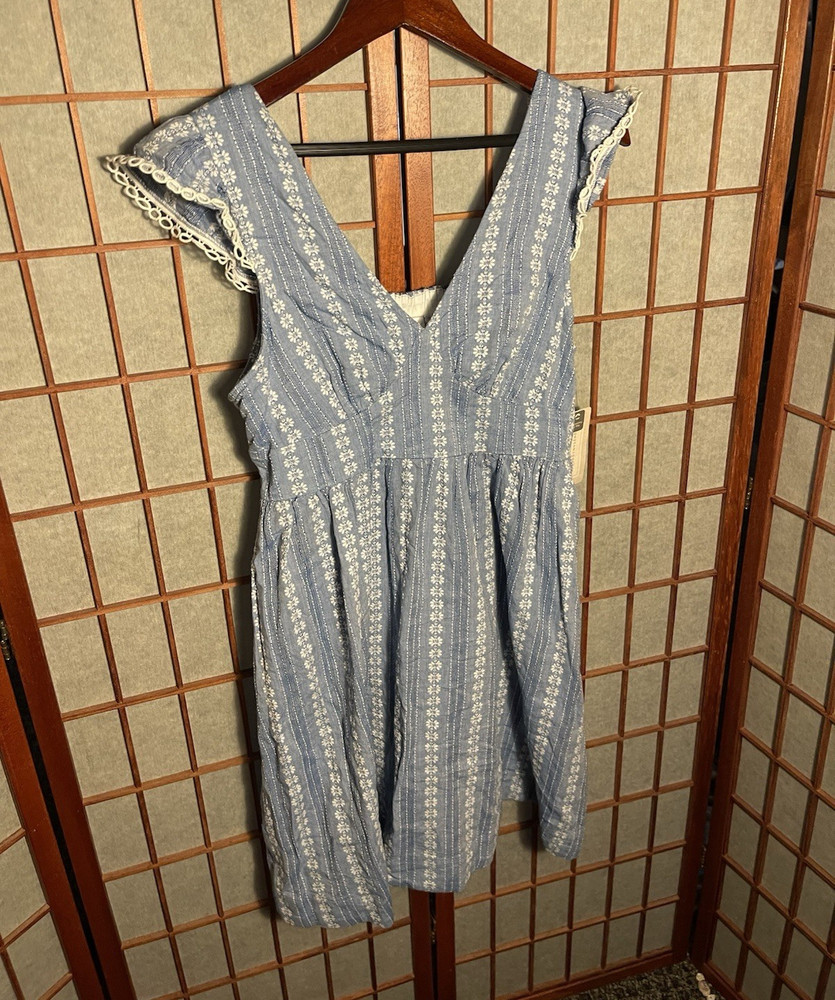 Peyton & Parker Blue/White Floral A-Line Smocked Lace Trim V-Neck Dress S