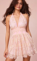 NWT LOVESHACKFANCY Metallic Gold Lace Deanna Halter Dress XXS $595 Cavern Pink