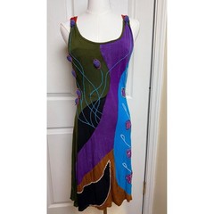 Rising International Patchwork Boho Midi Dress S Multi Color Embroidery Nepal