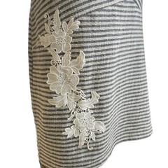 Disigual Jackson Boucle Stripe Gray White Dress Lace Applique Stretch Size XL