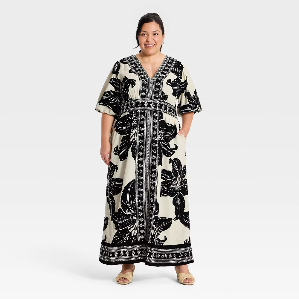 Women Puff Short Sleeve Maxi Dress – Ava & Viv Black Floral