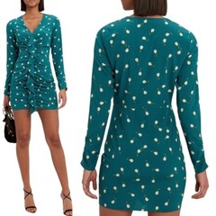 Intermix Dress Women 6 Teal Blue Adrienne Floral Silk Ruched Ruffle Mini Sheath