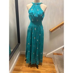 Floreat Embroidered Halter Maxi Dress Teal Blue Boho Smocked Waist Pom Pom Tie