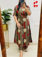 Women Olive Cotton Flex Kurta Palazzo Set A Line Printed Co Ord Ethnic Wear M-XX
