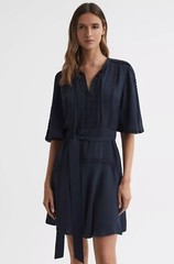 Reiss Felicity Navy Blue Lace High Neck Mini Dress with Belt UK Size 4