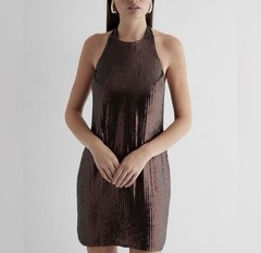 Express Sequin Halter Neck Open Back Midi Sheath Dress NWT Medium Bronze Brown