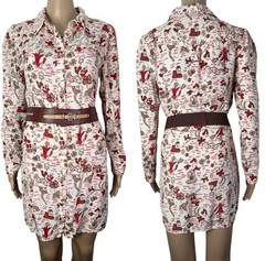 ModCloth Floral Print Cream Brown Button Up Short Shirt Dress Tunic Size Small