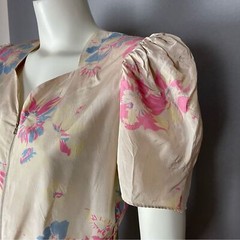 Vintage 1940s Floral Dress Zipper Front Housedress Short Puffed Sleeves Beige