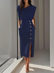 Women&rsquo;s Summer Split Dress With Buttons Casual Sleeveless Midi Dress Clothing