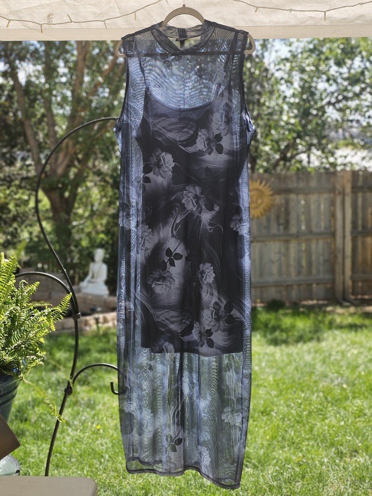 Torrid Sheer Black Gray & Blue Floral Maxi Over Blue/Gray Slip Dress Size 2