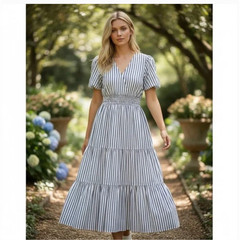 Quince Cotton Poplin Tiered Maxi Dress S NWT Hudson Stripe Blue White Coastal
