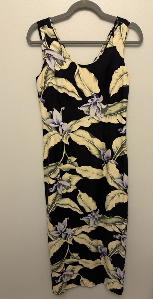 Tommy Bahama Maxi Dress Size 4 Black 100% Silk Tropical Floral Resort Vintage