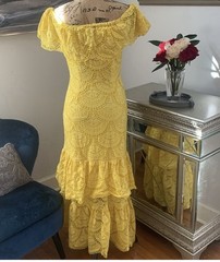 Gianni Bini Dress Maxi Small Gown Mermaid Off Shoulder Lace Tiered Boho Pink New