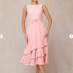 Stacees Pearl Pink Tiered Chiffon Midi Dress Ruched Waist Special Occasion US 4