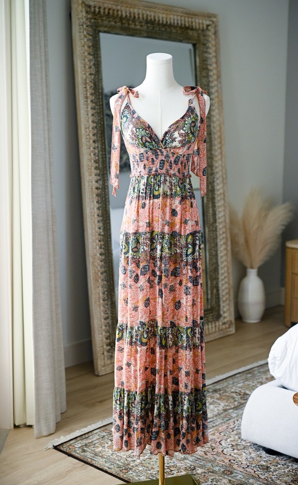 Free People Boho Paisley Maxi Dress Small Smocked Empire Waist Tie Strap Festiva