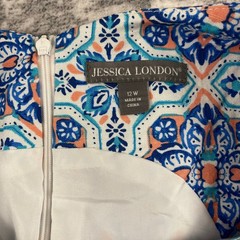 Jessica London 12W Blue White Peach Linen Rayon Maxi Dress Floral Tile Resort