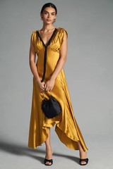 Anthropologie Silk Ruched Shoulder Dress Mustard Gold Black Trim Size 00