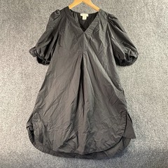 Cynthia Rowley Puff Sleeve Mini Dress Size L V Neck Linen Blend Black Modern