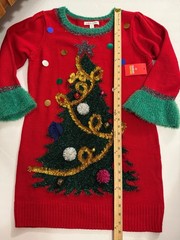 NWT Ugly Christmas Sweater Dress 3D Tinsel Tree Bells Fuzzy Cuffs Red Size M