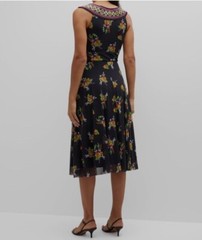 Fuzzi Medium Women Black Floral Print Sleeveless Tulle Midi Dress Fit Flare K4-1